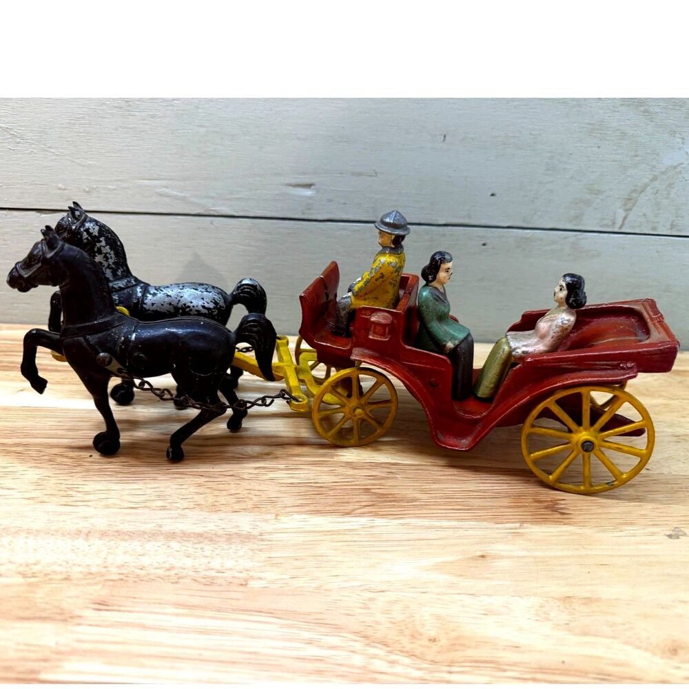 Vintage Stanley Horse-Drawn Carriage Set Cast Iron with Driver & 2 Passengers